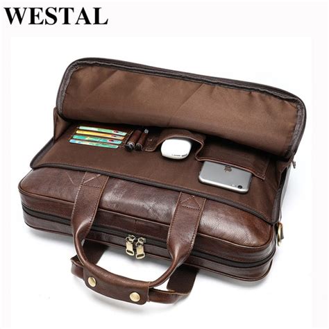 WESTAL Mens Genuine Leather Tote Laptop Bags For 15 Inch Laptops