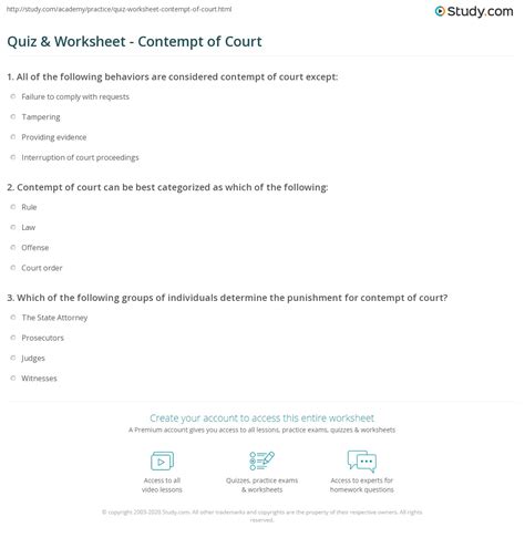 Quiz And Worksheet Contempt Of Court