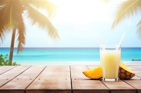 Premium Photo Pina Colada Cocktail On Wooden Table And Paradisiacal Beach With The Sea In The