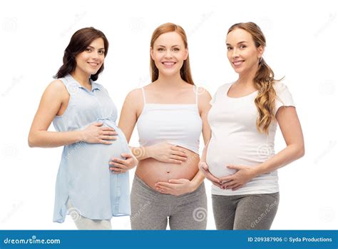 Happy Pregnant Women Touching Their Big Bellies Stock Photo Image Of