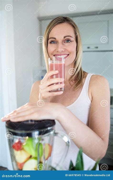 Pretty Blonde Woman Holding Her Homemade Smoothie Stock Image Image