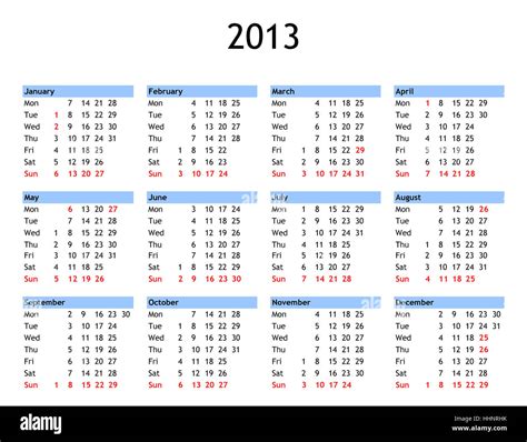 Single Page Year 2013 Calendar Hi Res Stock Photography And Images Alamy