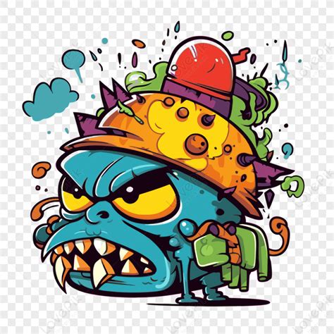 Gambar Grafiti Clipart Karakter Monster Kartun Komik Dengan Helm Vektor