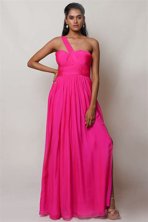 Hot Pink Pure Flat Chiffon One Shoulder Gown By Pinup By Astha At