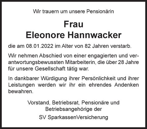 Traueranzeigen Von Eleonore Hannwacker Stuttgart Gedenkt De