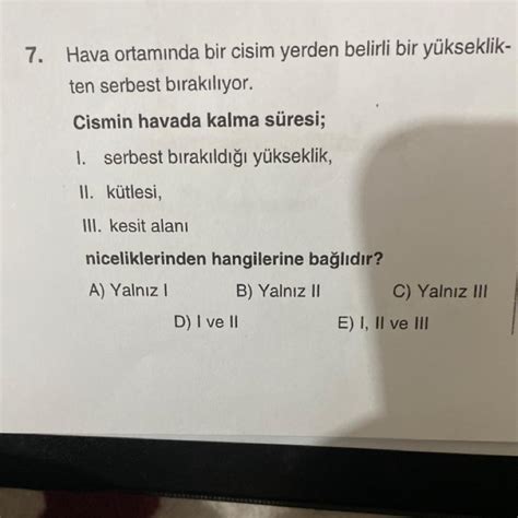 Hava Ortam Nda Bir Cisim Yerden Belirli Bir Y Kseklik Ten Serbest