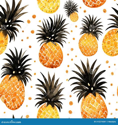 Watercolor Seamless Pattern With Pineapple Isolated On White Background