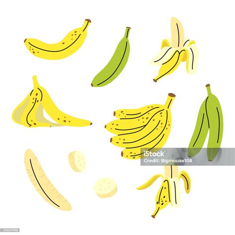 Kartun Pisang Kuning Dan Set Ikon Set Kulit Pisang Vektor Ilustrasi