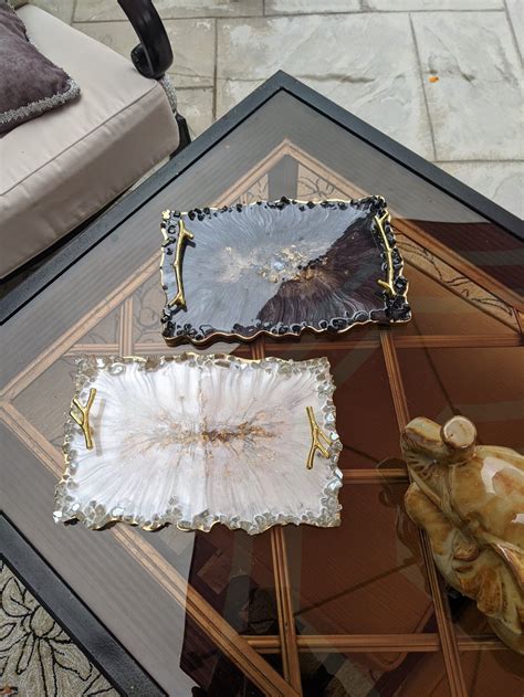 Handmade Resin Tray With Handles Black And Gold White And Gold With