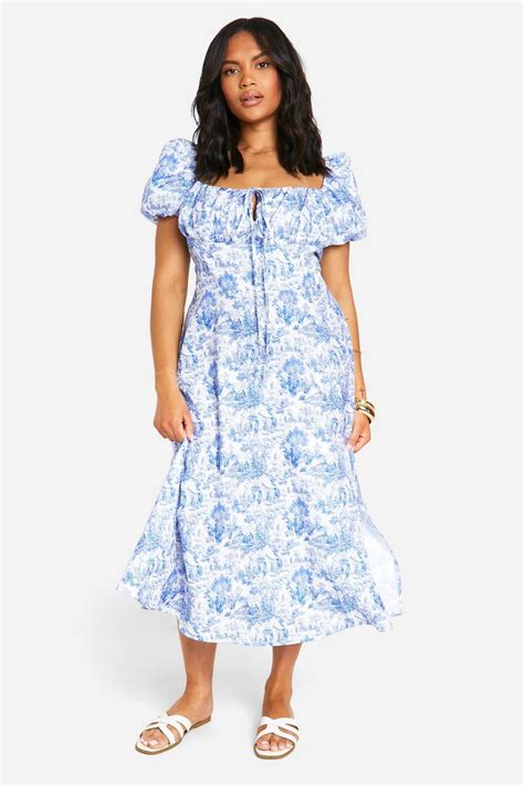 Plus Porcelain Print Milkmaid Midi Dress Boohoo Uk