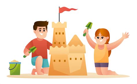 Illustration Of Two Cute Kids Building Sand Castle 6461885 Vector Art