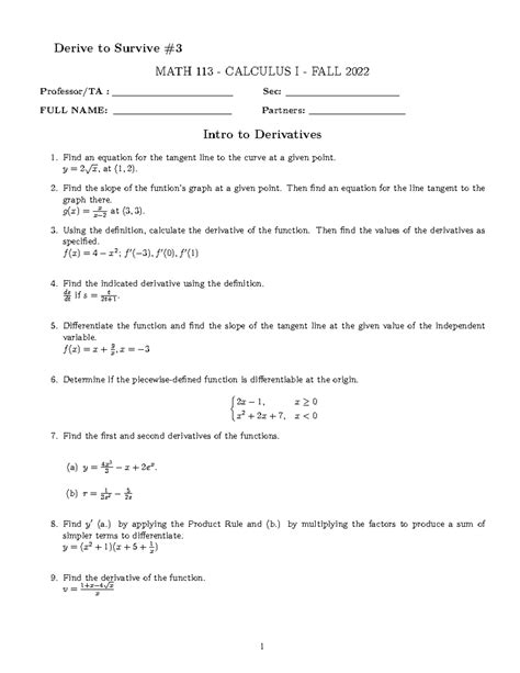 Math 113 Worksheet 3 - Jack O'Brien - Derive to Survive MATH 113