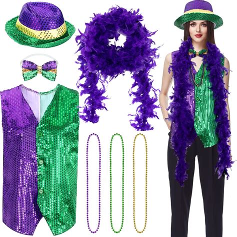 Hicarer 7 Pieces Mardi Gras Outfit For Women Mardi Gras Costume Accessories Mardi Gras Sequin