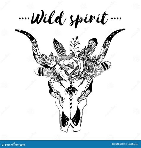 Boho Chic Image Fashion Illustration Wild Skull With Flowers Boho Style