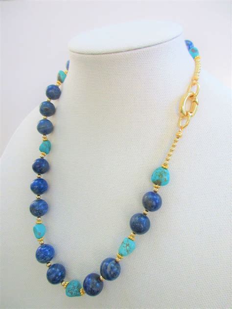 Lapis Lazuli Bead Necklace Turquoise Nugget Bead Necklace Etsy