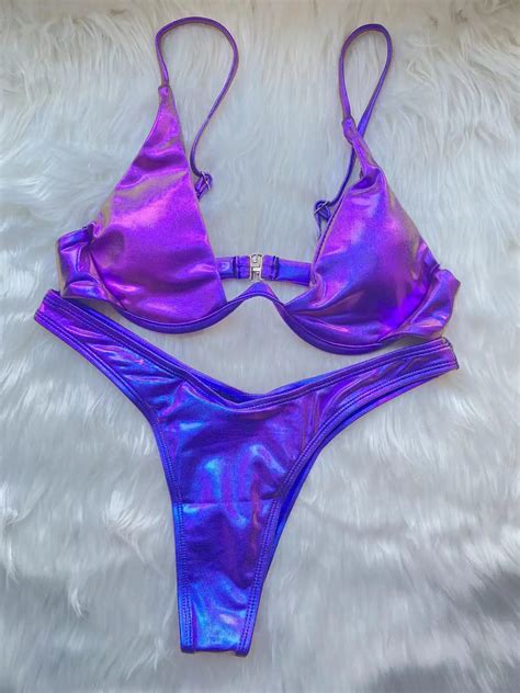 Sexy Dreieck Bikini 2022 Holo Graphisch Blau Push Up Extreme Tanga Bade