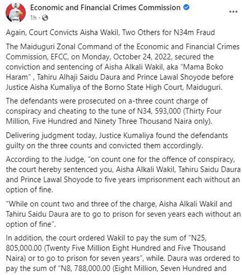 Just In Court Convicts Mama Boko Haram Aisha Wakil Two Others For