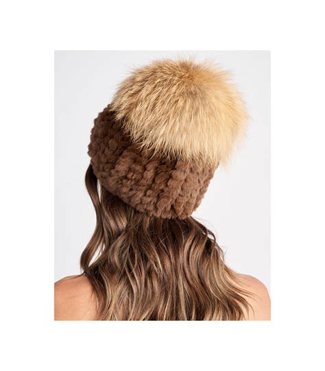 Knit Rex Rabbit Fur Hat With Fox Fur In Brown