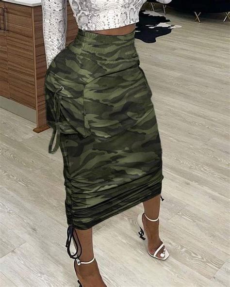 Newspaper Camo Printing Stretch Pencil Skirt Camouflage Fashion High Waisted Skirt White