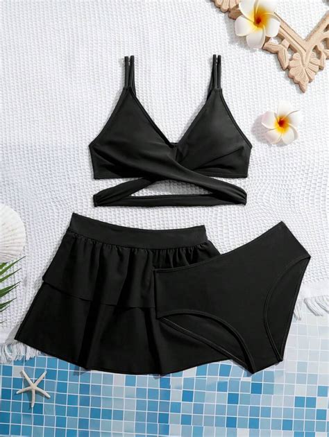 Conjunto de bikini cruzado con envoltura para niña preadolescente con