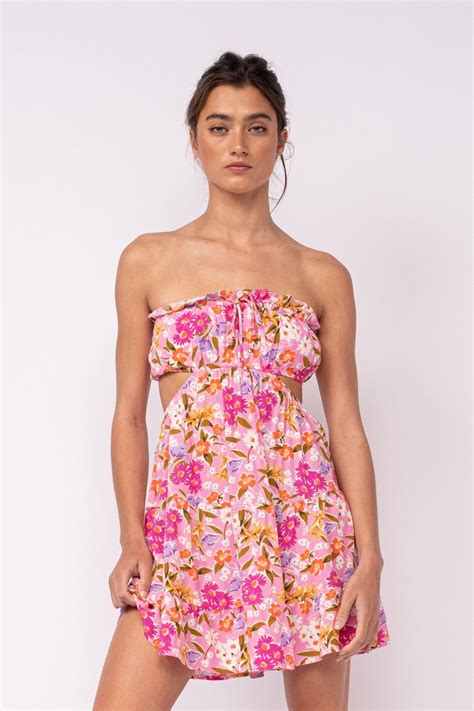 Home Rachel Pink Daisy Print Strapless Mini Dress