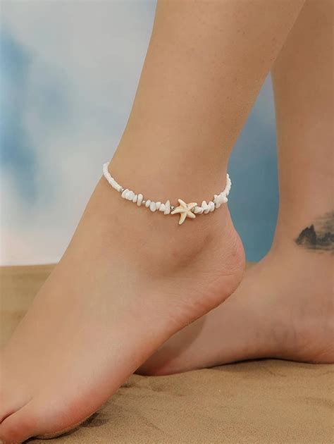 1 pieza Pulsera tobillera vacación con diseño de estrella de mar blanco