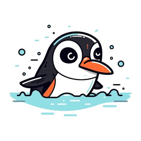 Pinguim Fofo Nadando No Mar Ilustra O Vetorial Em Estilo De Desenho