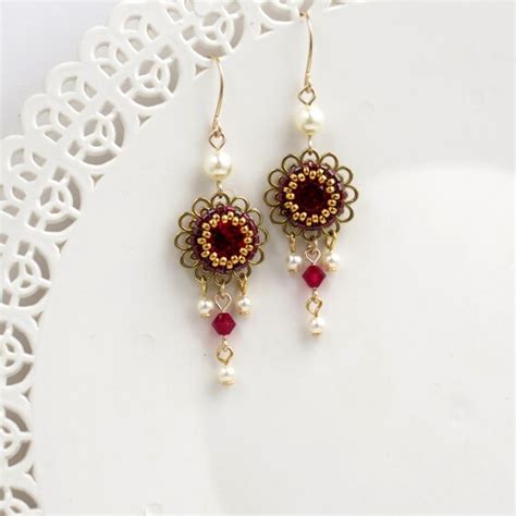 Red chandelier earrings Vintage style earrings gift for