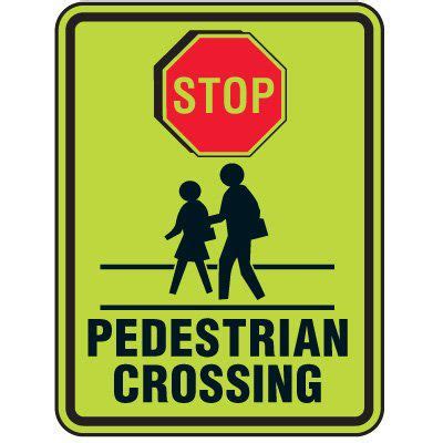 Stop Pedestrian Crossing (Graphic) - Fluorescent Pedestrian Signs | Emedco