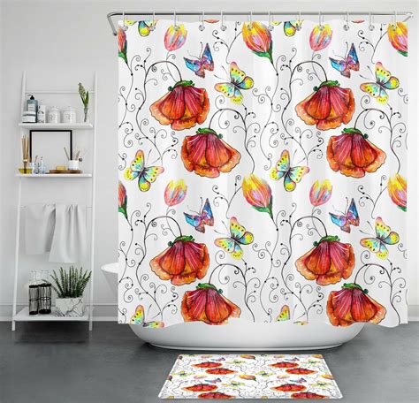 Vibrant Watercolor Poppies And Butterfly Shower Curtain Elevate Your