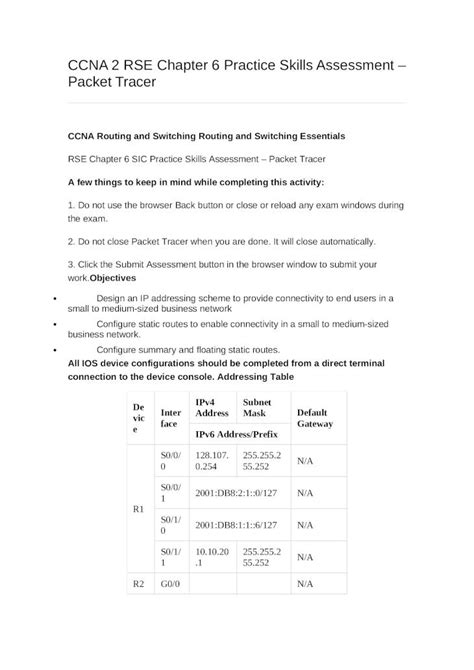 DOCX CCNA 2 RSE Chapter 6 Practice Skills Assessment Packet Tracer
