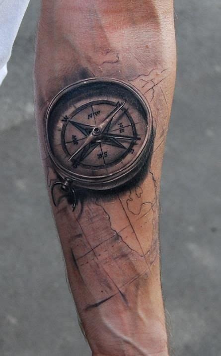 Gorgeous Very Detailed Black And White Compass With Map Tattoo On Arm