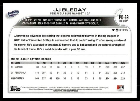 2022 Topps Pro Debut JJ Bleday Pensacola Blue Wahoos PD 69 EBay