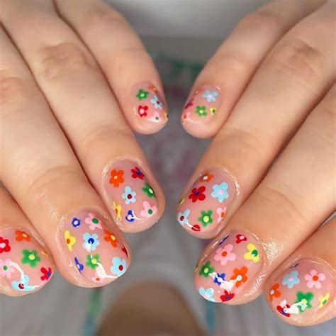 Amazon Tyuimhx Colorful Flowers Press On Nails Oval Short Fake