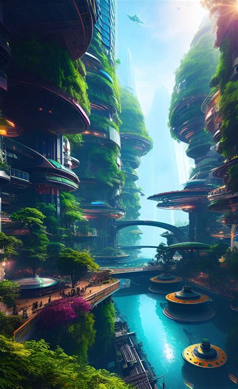 The Futuristic City Is Surrounded By Trees And Water