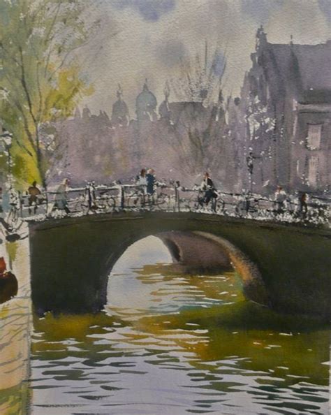 A Painting Of People Riding Bikes Over A Bridge