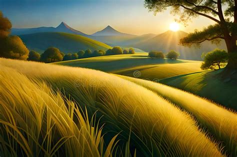 Beautiful Spring Landscape with Grassy Hills and Mountains at Sunset ...