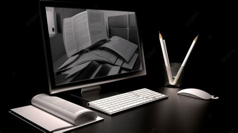 Komputer Desktop Hitam Dengan Buku Terbuka Dan Pensil Ilustrasi 3d