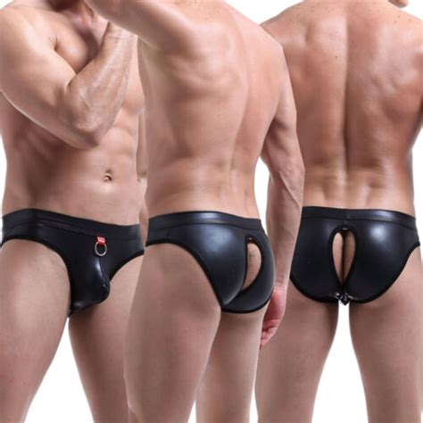 Men PU Leather Thongs Jockstrap Bikini G String Boxer Briefs Underwear