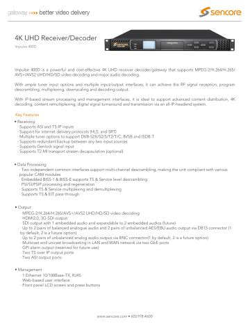 sencore impulse   uhd receiverdecoder spec sheet manualzz