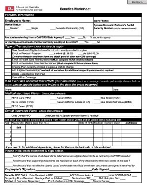 Fillable Online Calstate Print Form Benefits Worksheet Personal