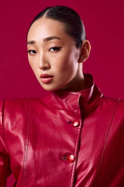 Premium Photo Fashion Asian Brunette In Red Leather Jacket Posing Against Red Background