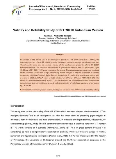 Validity And Reliability Study Of Ist R Indonesian Version