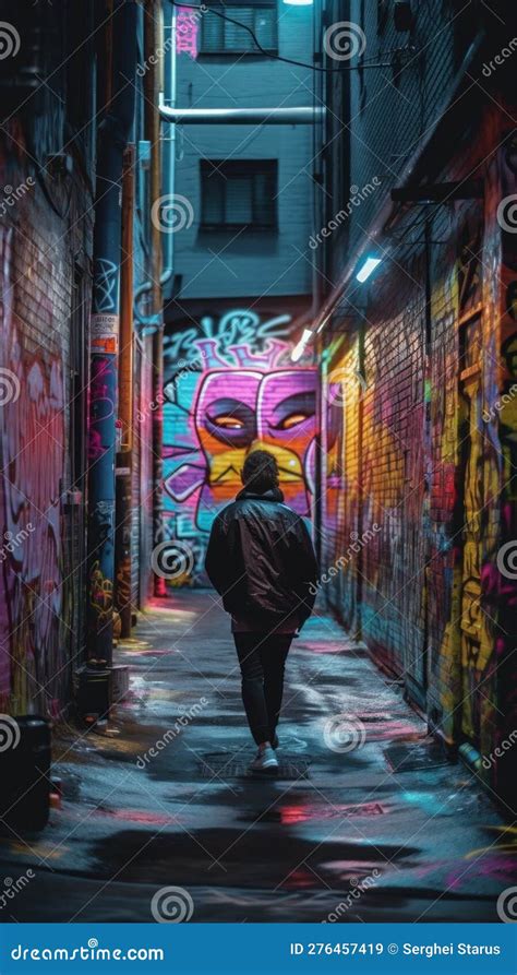 A Person Walking Down a Dark Alley with Graffiti on the Walls. AI Generative Image. Stock ...