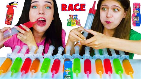 Asmr Jello Shooter Race Challenge With Most Popular Sour Candy Youtube