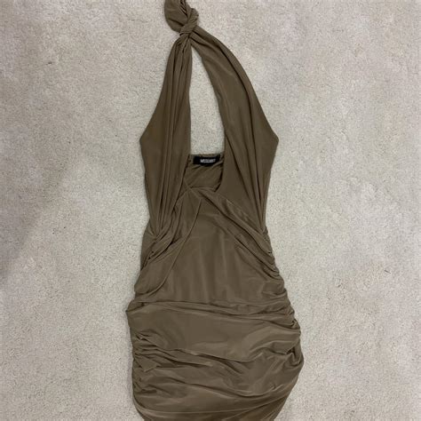 MISSGUIDED SLINKY DRESS NUDE BROWN LOW CUT DRESS Depop
