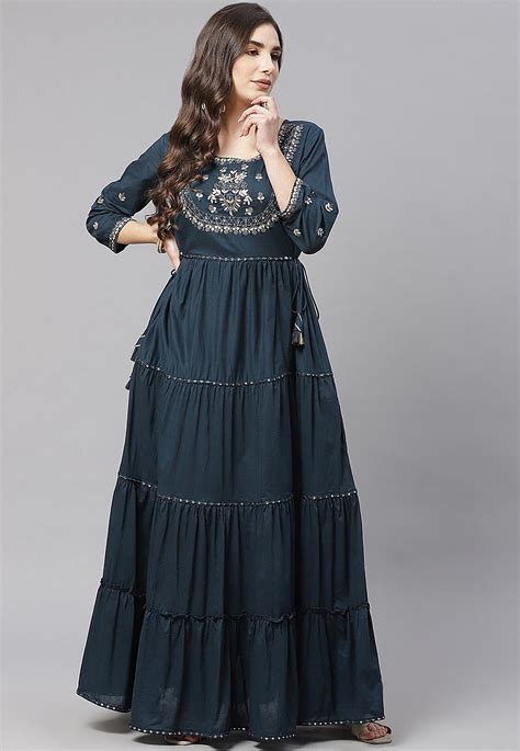 Buy Embroidered Cotton Tiered Maxi Dress In Dark Teal Blue Online