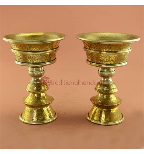 Fine Hand Carvings Tibetan Buddhism Brass Butter Lamps Set From Nepal