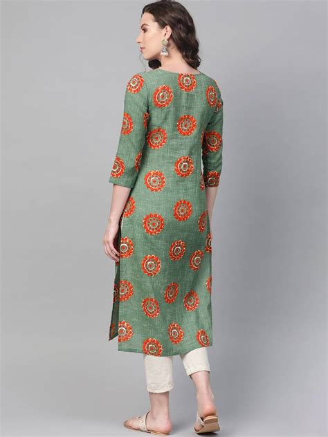 Ahika Women Green Cotton Ethnic Motifs Printed Straight Kurta Vck1295