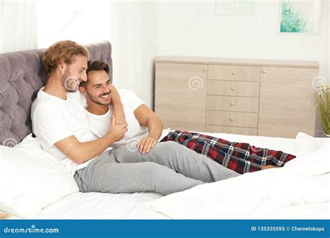 Happy Gay Couple On Bed Stock Image Image Of Homosexual